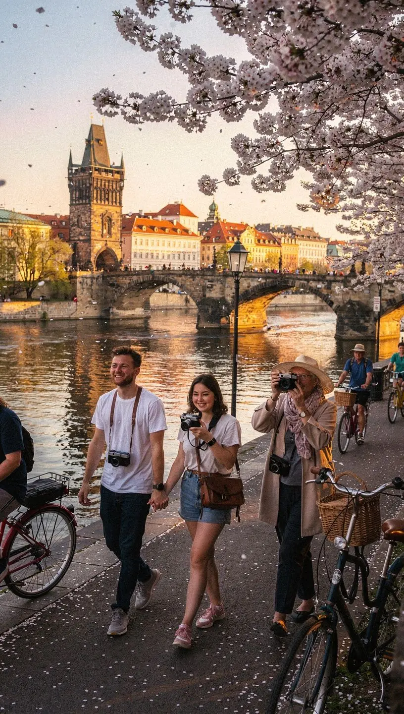 Městská krajina s tradičními budovami a turistickým ruchem během všech ročních období.